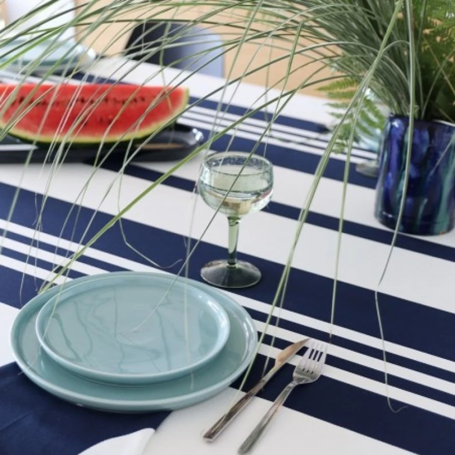 JEAN-VIER Striped Cotton Tablecloth - Dark Blue & White Classic Design for Dining & Events