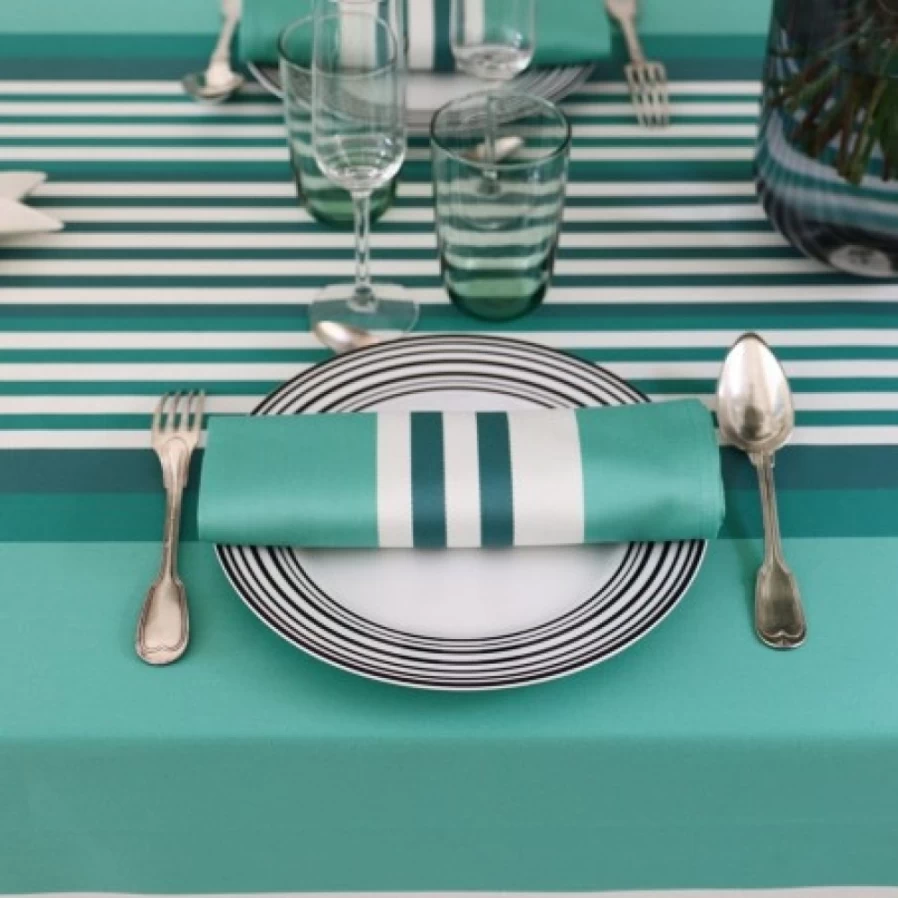 JEAN-VIER Light Green Striped Cotton Tablecloth – 100% Natural Fabric Dining Table Cover